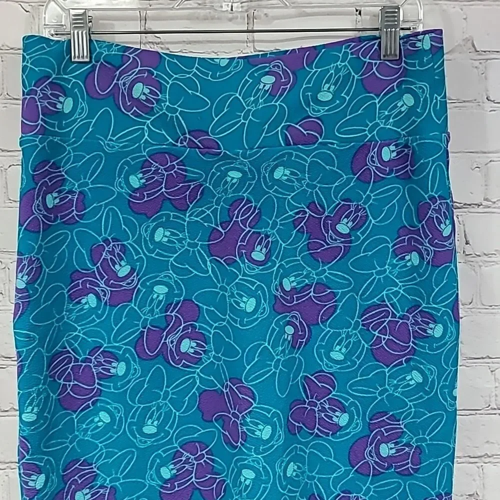 LuLaRoe Disney Minnie Mouse Cassie Pencil Skirt Teal Purple Stretch L Pull On